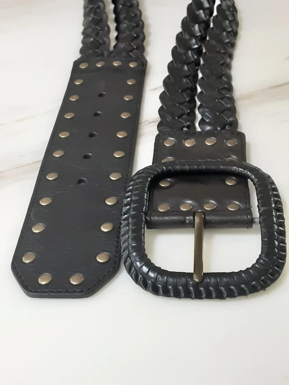 FOSSIL Black Studded Wide Woven Leather Belt Decorative Buckle Sz M - Y2K